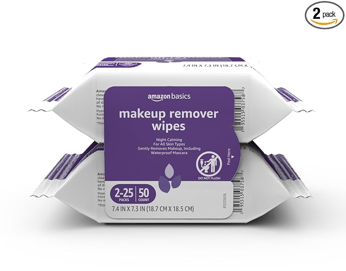 Amazon Basics Makeup Remover Wipes, Gentle Cleansing, Dermatologist Tested, Night Calming, Plant Based, Alcohol-Free, Removes Waterproof Mascara, 25 Count Per Pack, Pack of 2
