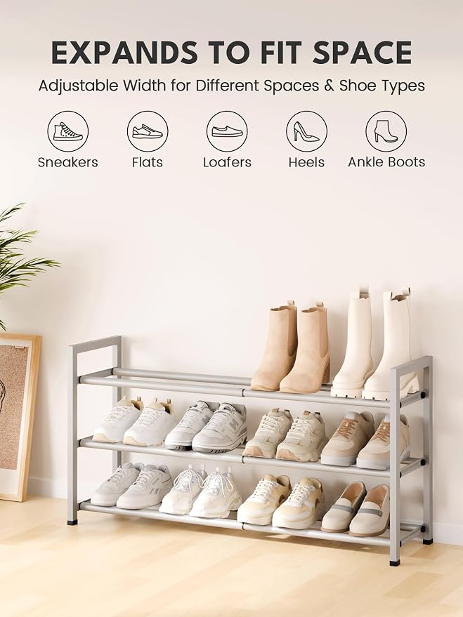 Bumusty 3-Tier Expandable Shoe Rack for Closet, 18“-33” Adjustable Shoe Rack for Small Space, Small Shoe Organizer for Front Door, Sturdy Metal, Light Grey