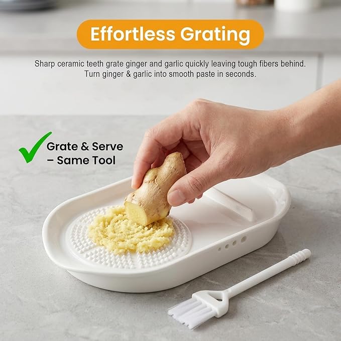 4 in 1 Porcelain Ginger Grater Plate with Egg Cracker, Spoon Rest and Herb Stripper, Ceramic Garlic Grater with Brush for Grinding Wasabi, Ginger, Garlic, Cheese 6.8" × 3.6"(Dishwasher Safe)
