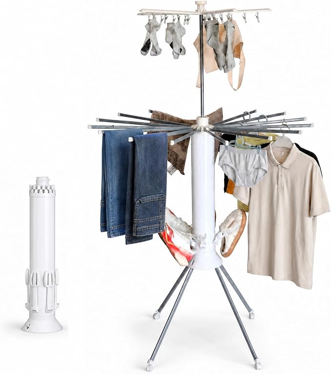 Clothes Drying Rack Foldable with Rolling Wheels, Portable Laundry Drying Rack with 16 Aluminum Arms, Stable 4-Leg Base, 360° Rotating Design for Indoor Outdoor (Double-Tier with Shoe Rack)