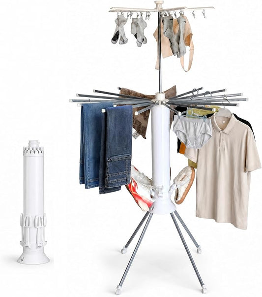 Clothes Drying Rack Foldable with Rolling Wheels, Portable Laundry Drying Rack with 16 Aluminum Arms, Stable 4-Leg Base, 360° Rotating Design for Indoor Outdoor (Double-Tier with Shoe Rack)