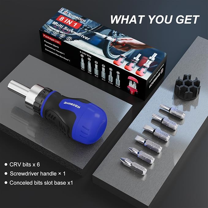 8 in 1 Stubby Ratcheting Screwdriver Multi Short Screw Driver Set | 6 CRV Bits Phillips, Slotted, Torx, Portable All-in-One Repair Tool Kit for Home DIY Tables, Doors, Chairs, Portable Tools