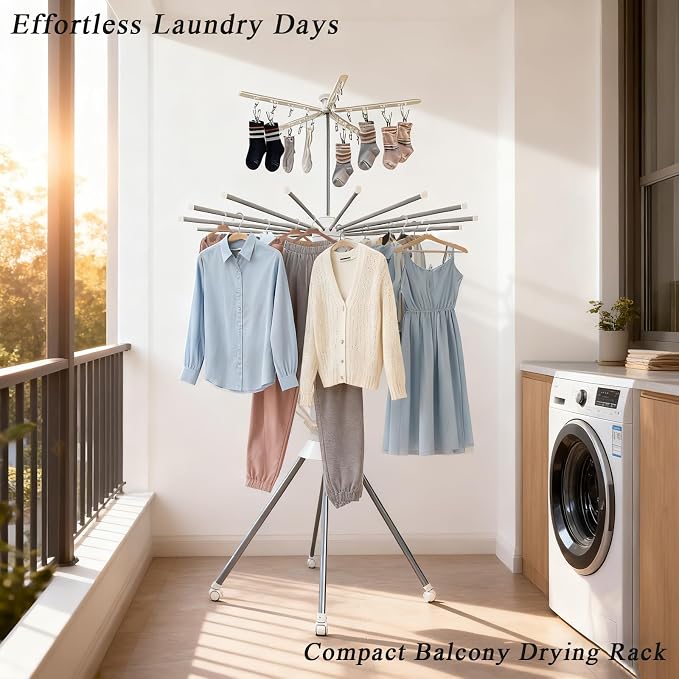 2 Layer Foldable Octopus Clothes Drying Rack Aluminum 16 Poles | Four Legged Laundry Drying Rack,Portable Dry Rack with 4 Pulleys Garment Rack,Indoor Outdoor Courtyard Double Layer