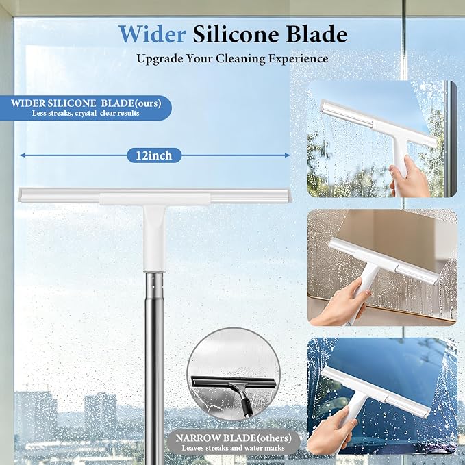 7-in-1 Floor Scrub Brush Magic Silicone Broom Set with Long Handle | Tile Tub Scrubber Brush, V-Shaped Grout Brush, Clothes Hook Pole, 2 in 1 Window Cleaner Squeegee for for Shower Bathroom Wall