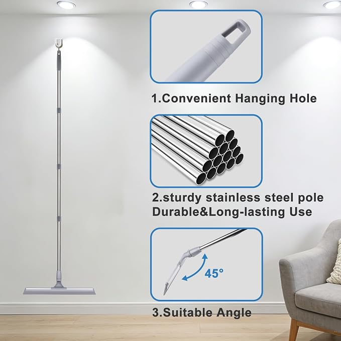 Floor Squeegee, Squeegee Broom for Floor with 62" Long Handle, Shower Squeegee for Tile Shower Walls,Garage, Deck, Bathroom, Glass,Window, Concrete Floor (17.3")
