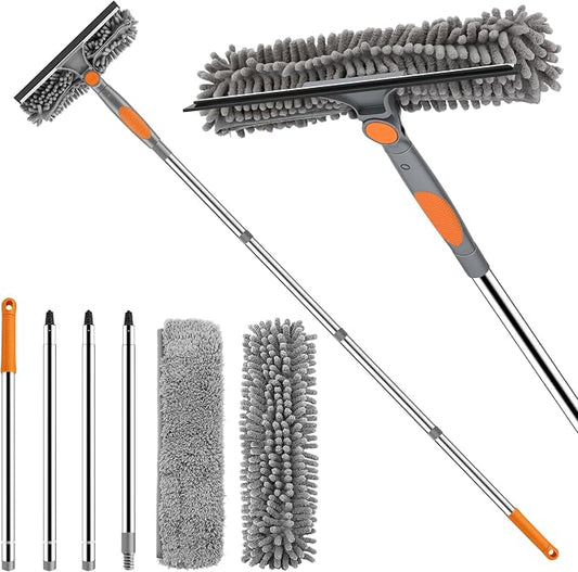 SetSail Window Squeegee with Extension Pole 2-in-1 Window Cleaning Kit Professional Window Cleaner Tool with Rotatable Head and 2 Scrubbers for Outdoor Indoor Car Windows Glass, Grey Orange