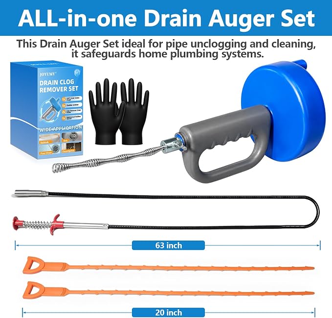 Drain Snake 5Set-33Ft Drain Clog Remover,62inch Heavy Duty Plumbing Snake,20inch Hair Clog Remover,Gloves for Bathtub,Toilet,Sewer,Kitchen Sink,Drainage Pipe(Blue)