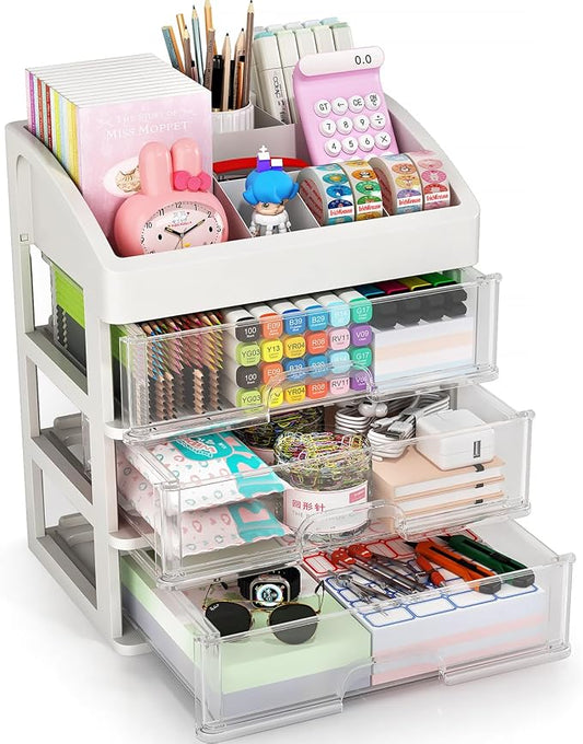 Desk Organizer with Drawers, 3 Drawers Storage Organizer, Desktop Storage Drawers for Office/School Supplies, Plastic Stationary Makeup Organizer, Desk Storage Box for Office, School, Home