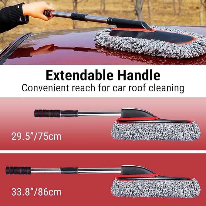 YeewayVeh Car Duster, Scratch-Free Microfiber Cleaning Brush, Gray/Red | Extendable Handle Pollen & Dust Remover for Truck, SUV, Vehicles & Home