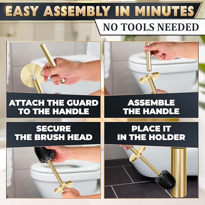2 PCS Gold Toilet Brush and Holder Set - Brushed Stainless Steel Gold Toilet Bowl Brush and Holder with Replacable Head, Removable Inner Bowl, and Splash Protection - Dense Bristles for Cleaning