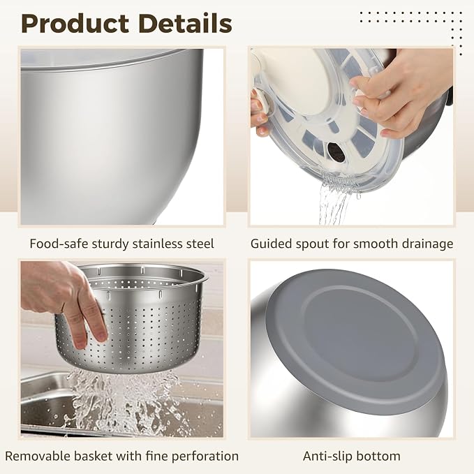 Stainless Steel Salad Spinner Set with Grater and Food Clip, 6L Large Metal Salad Spinner, Fruit Vegetable Dryer with Built-in Drain Spout for Dehydrating Fruit and Vegetable, Pasta (Silver)