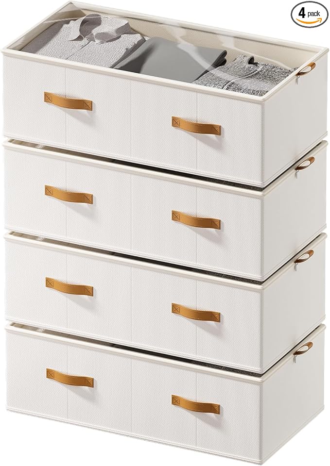FHSQX 4 Pack Under Bed Storage Bins- 10 Inch Tall Underbed Clothes Storage Containers with Clear Window for Closet, Bed Sheets and Blankets (White, 31.5x15.8x10 inch)