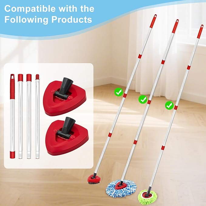 Spin Mop Handle & 2 Mop Base Replacement for O-Cedar RinseClean 2 Tank System, Adjustable 30-58" Telescopic Mop Stick Pole, Lightweight Durable Mop Handle Replacement Parts