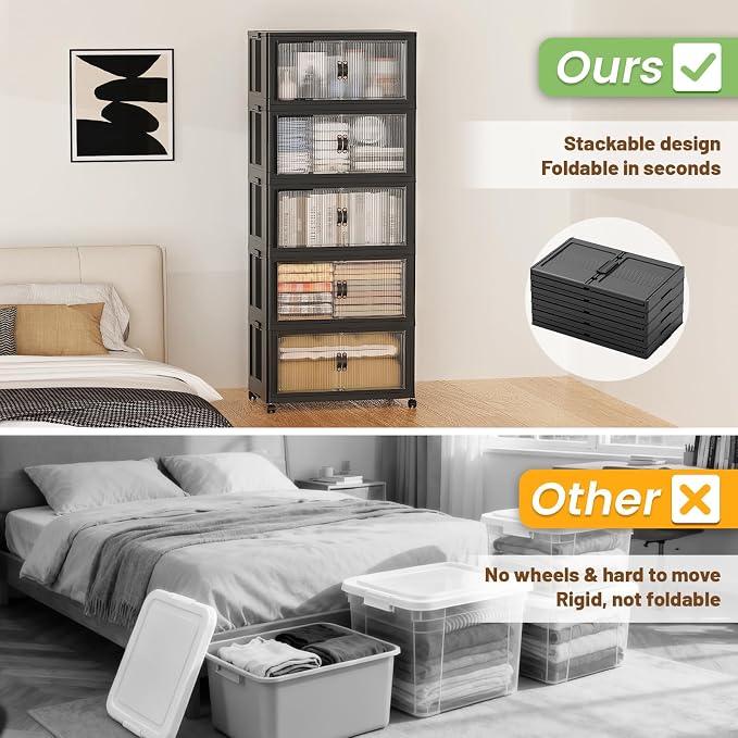 SAILUN 44Gal/175Qt Stackable Storage Bins Folding Collapsible Storage Bins with Lid, Closet Organizers and Storage Box with Door Black 18" W x 11" D x 51" H