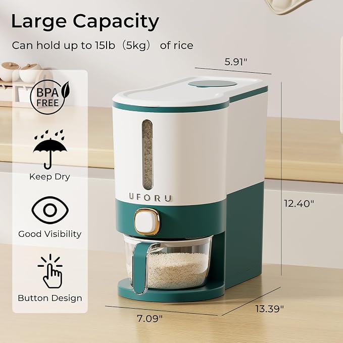UFORU Rice Dispenser, Rice Storage Container with Measuring Cup for Kitchen Pantry Household, Dry Food Storage Containers Airtight, Sealed Moisture Proof (Green 13 Lbs)