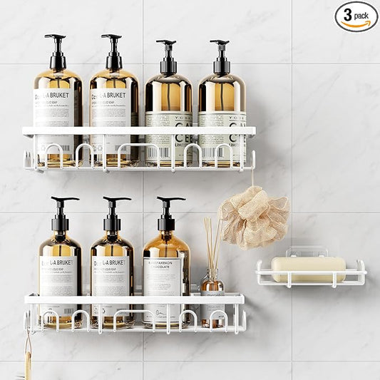 Shower Caddy, 3 Pack Shower Shelves for Inside Bathroom, Rustproof Adhesive Bathroom Organizer with Soap Holder, No Drilling Washroom Organizers and Storage for Bathtub Room/Kitchen/Home, White