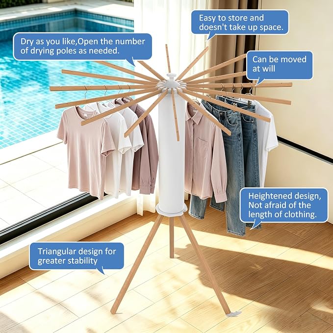 Tripod Foldable Clothes Rack,Garment Rack Portable with Collapsible Design | Drying Rack Clothing with No-Tool Assembly, Freestanding Laundry Drying Rack, pace-Saving for Bedroom, Laundry Room,Balcony