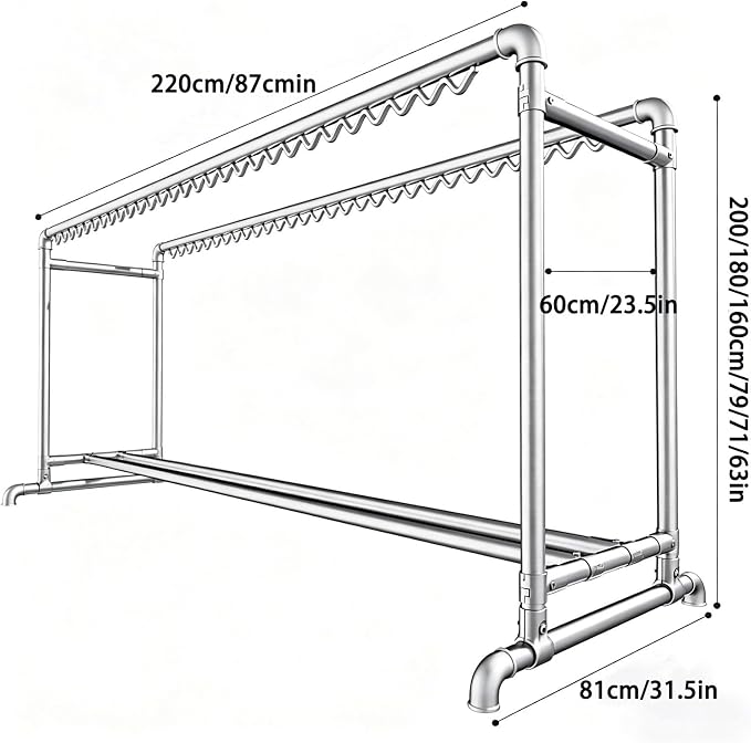 Heavy-Duty Stainless Steel Clothing Rack, Freestanding Drying Rack with Storage Shelves and Windproof Hooks, Multi-Purpose Garment Hanger Stand for Indoor and Outdoor Use.