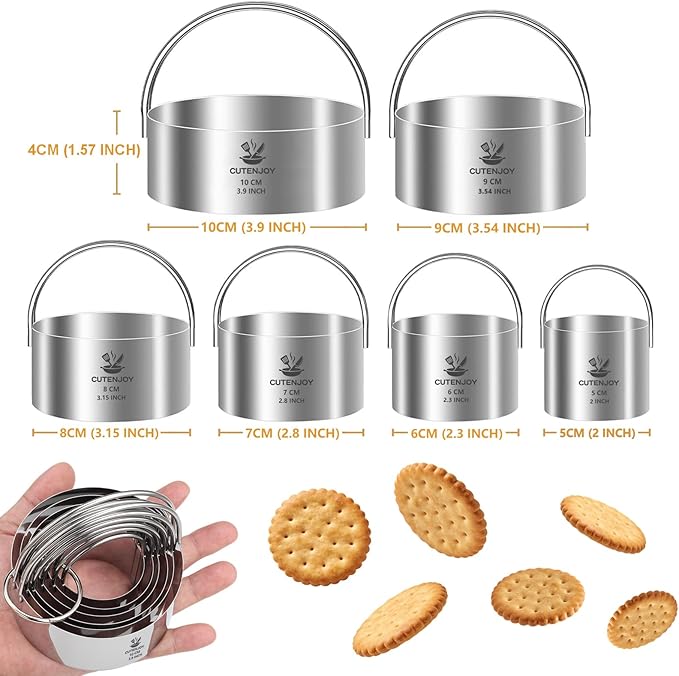 6 Pcs Large Cookie Cutters (2, 2.3, 2.8, 3.14, 3.54, 3.9 Inch), Round Biscuit Cutter Set with Handle and Big Ring, Professional Baking Dough Cutter Tools for Cakes, Sandwiches, Donuts, Dumplings