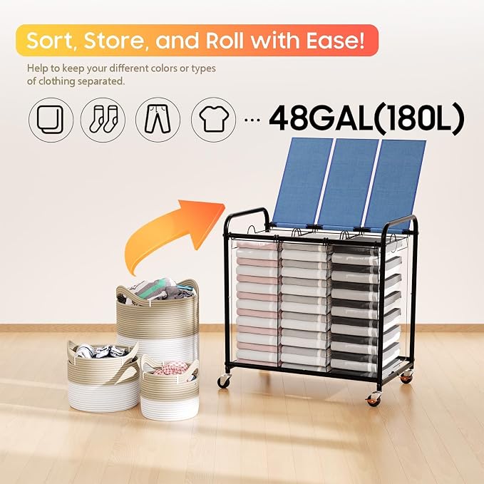 180L Laundry Sorter 3 Section, Rolling Laundry Basket with Wheels and Lid | 47.55 Gal Laundry Hamper, 3 Separated Removable Bags, Lockable Wheels, Dirty Clothes Hamper for Laundry Room Organizer, Blue