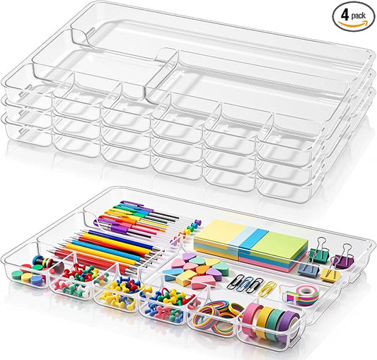 Junkin 4 Pcs Shallow Drawer Organizers 14" x 9" x 1" Desk Drawer Organizer Tray with 9 Storage Compartments for Home Office Classroom School Organizing Pens Paper Clips Sticky Notes (Clear)
