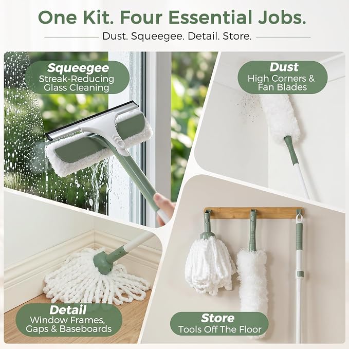 DEANIC 4-in-1 Window Squeegee Duster Mop with Holder Wall Mount Set | Cleaning Kit with Extendable Handle(43 inch to 49inch) for Ceiling Fans, Blinds,Glass,Floors and Home Cleaning