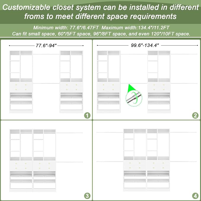 Besiost Closet System, Up to 134"/11.2 FT Closet Organizer with 4 Wooden Drawers and Shelves, Walk-in Closet System with 6 Hanging Rods, Built-in Closet Can Fit 96"/8FT, 120"/10FT, White Set 2