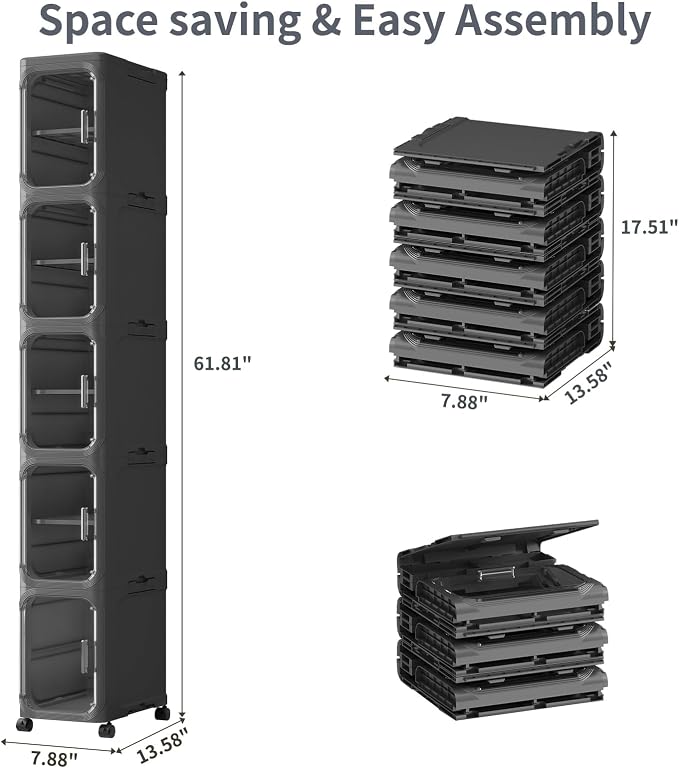 5 Tier Slim Bathroom Storage Cabinet, Foldable and Movable, Black | Tools Free, ABS and PET, Magnetic Clear Door, Adjustable Shelves, Lockable Wheels, Water Resistant, For Narrow Space