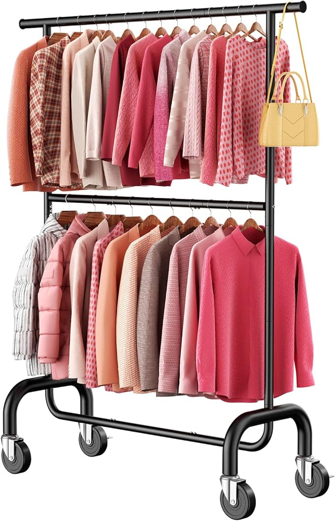Heavy Duty Clothes Rack for Bedroom - Rolling Clothing Rack with 6-Level Adjustable Height - Lockable Wheels - Portable Garment Rack for Livingroom Laundry Closet - 600 lbs Capacity - Black