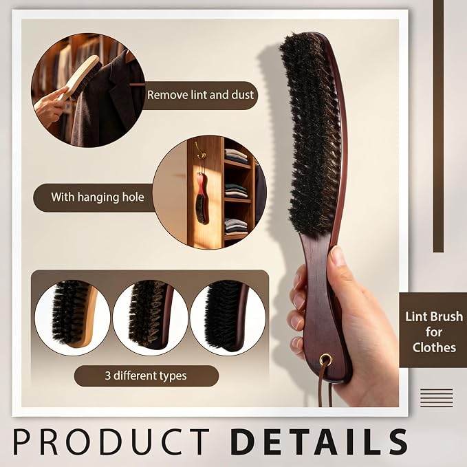 Thenshop 3 Pcs Clothes Brushes Large Beech Wood Handle Soft Horse Hair Bristle Lint Brush for Hat, Suits, Velvet, Suede, Shoe and Pet Hair