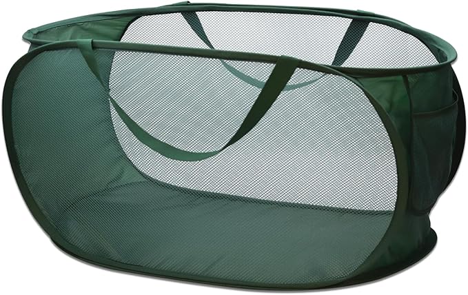 Sturdy Mesh Laundry Hamper Basket Bag,collapsible Pop up for Laundry Room | Folding Foldable Baskets with Side Pocket Travel Clothes Organizer for Bathroom,Kids Room,College Dorm (Horizontal,Emerald)