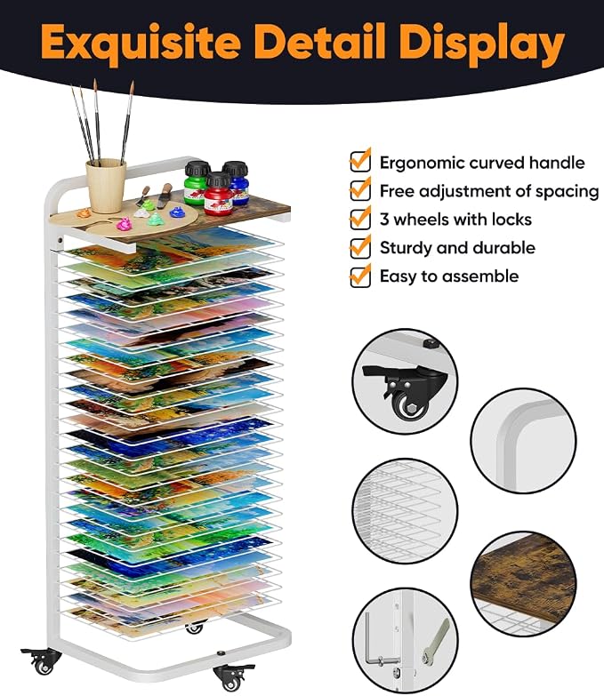 mocomax Art Drying Rack for Painting, Metal Paint Drying Stand, Movable Paint Drying Rack with Lockable Wheels, Art Canvas Storage Rack for Classroom & Art Studio, 25 Removable Shelves with Top, White