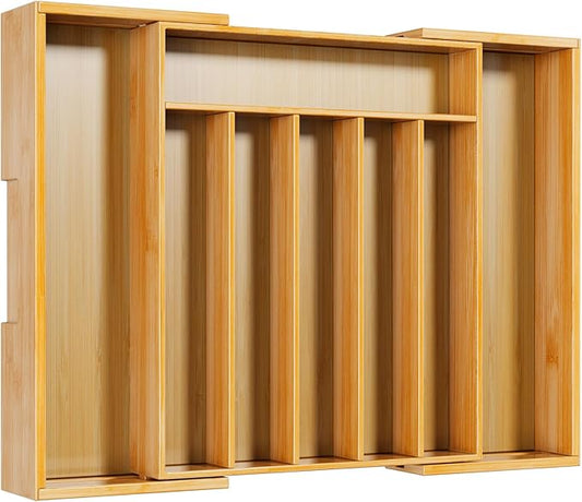 Kitsure Large Bamboo Silverware Organizer - Expandable Drawer Organizer for Utensil, Cutlery and Flatware, Kitchen Storage Solution with 6 to 8 Slots, Natural, 19.4" × 13.1" × 1.8"