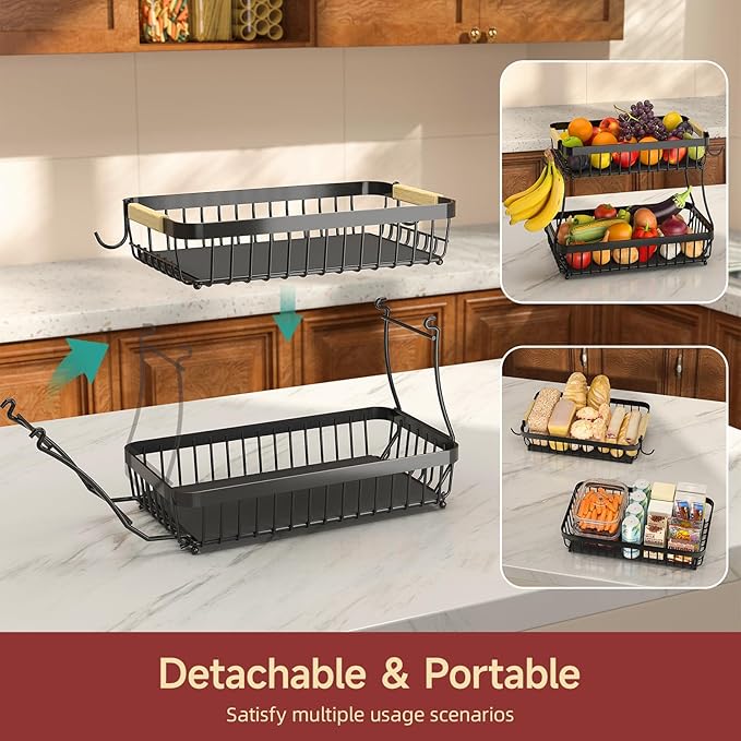 Sevenblue 2 Tier Large Fruit Basket for Kitchen Counter with 2 Mobile Banana Hangers, 2026 Pro Detachable Metal Fruit Bowl with Wooden Handle, Fruit Holder for Bread Snack Veggies with Protective Mats