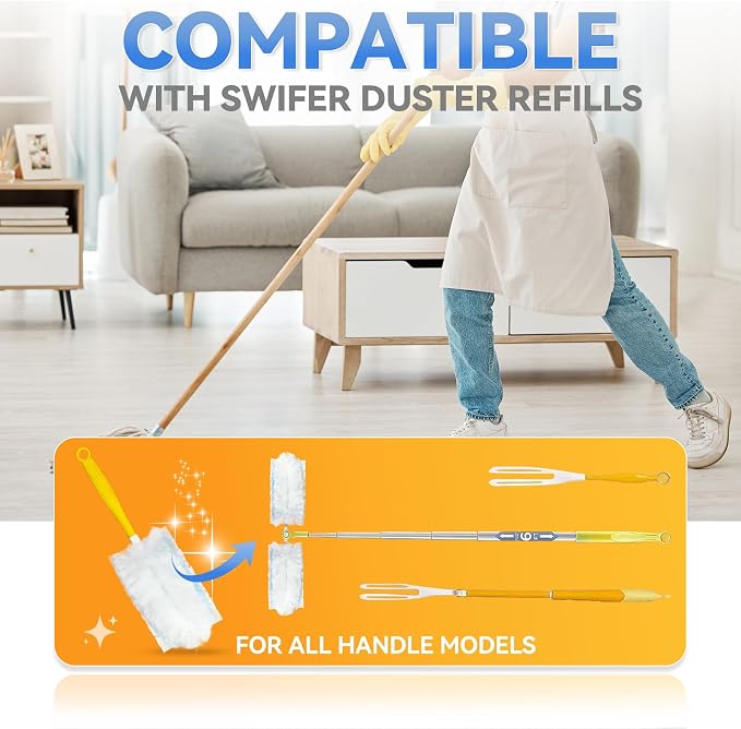 60 Pack Dusters Refills Compatible with Swiffer Duster Handle Models, 180° | One Sided Duster Refills for Short and Extendable Handles, Desktop Dust Cleaning Tool, 1 Extendable Handle + 1 Short Handle