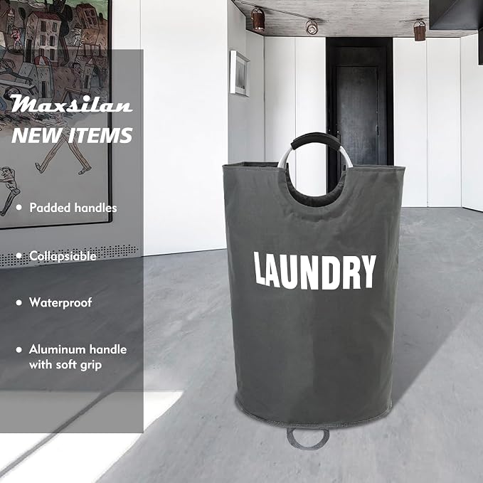 Maxsilan 160L XX-Large Laundry Basket Bag, Collapsible Hamper, Dark Grey | Freestanding tall laundry bag & foldable washing basket. Extra large clothes storage bin with durable sturdy handles