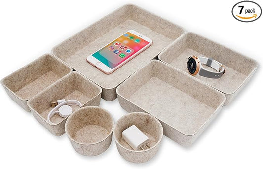 Welaxy 7pc Scandinavian Felt Desk Drawer Organizer Oatmeal Catchall Tray
