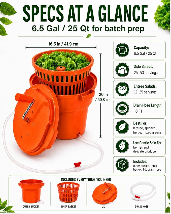 Commercial Salad Spinner - 6.5 Gallon Large Capacity Lettuce Dryer with 10 Ft Drain Hose & Stop Valve, 25Qt Manual Vegetable Spinner for Restaurants, Catering and Meal Prep
