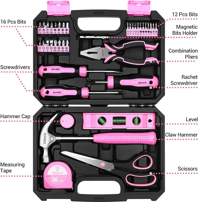DEKOPRO Tool Set for Women: Pink Tool Set for Home Repair, Womens Tool Kit for All Purpose 42 Piece