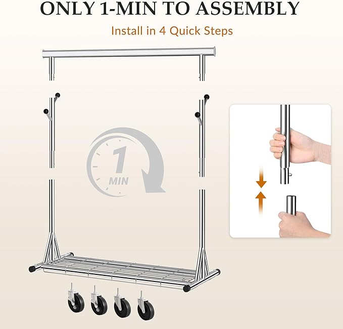 Gewudraw Clothes Rack Heavy Duty With 4" Wheels,Portable,Collapsible,Chrome | 630 LBS Capacity Rolling Clothing Rack, Shelf, Hooks, Adjustable Height, Extendable Rod, Garment Rack For Wardrobe, Bedroom