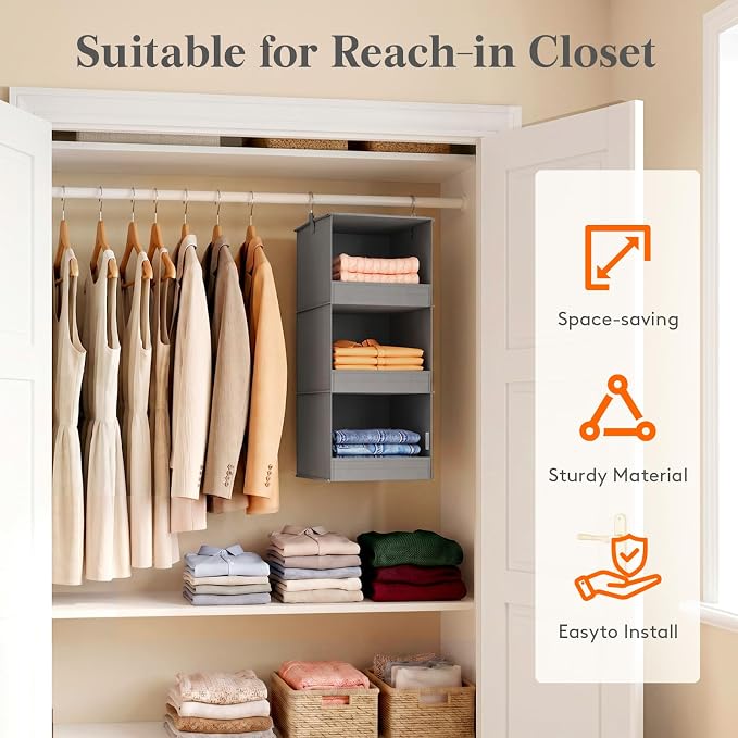 Lifewit 3 Tier Hanging Closet Organizer and Storage, Foldable Hanging Closet Shelves with 2 Sturdy Hooks, Clothes Organization for Sweater/Shoes/Coat, for Wardrobe, Bedroom, RV, Gray, 2 Pack