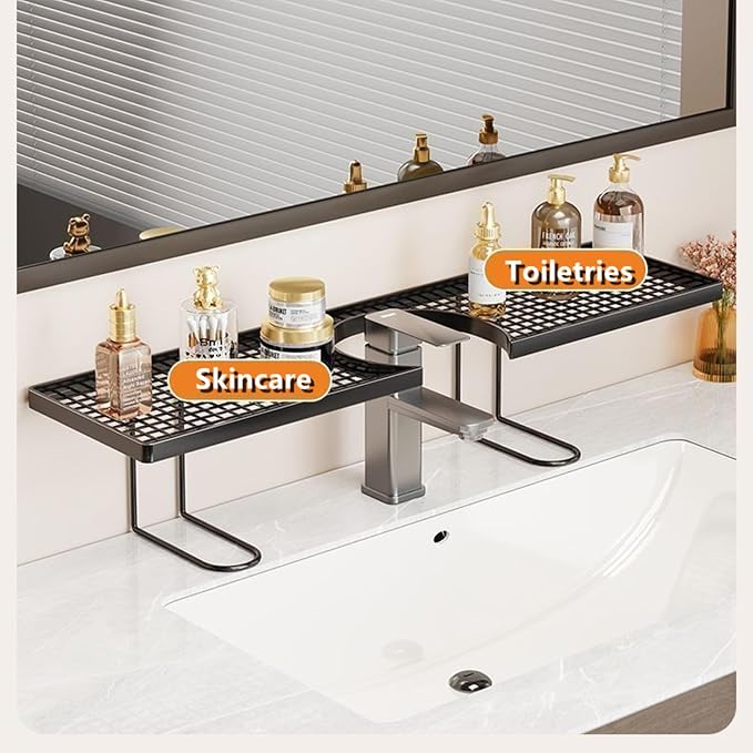 Sink Organizer Rack,No-Drill Freestanding Carbon Steel Faucet Storage Shelf, Washbasin Shelf, Tool-Free Organizer, Space-Saving Bathroom Countertop Organizer, Easy Drainage New (Black)