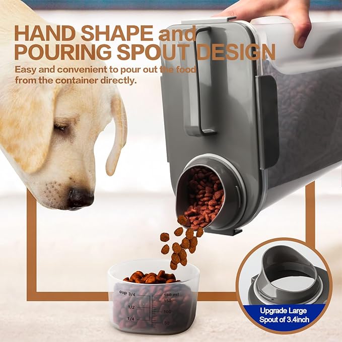 TIOVERY Dog Food Storage Container, 5-7 Lbs Airtight Pet Food Container, Cat Food Container Dispenser Plastic Bin with Pouring Spout, Portable Handle and a Collapsible bowl for Dogs Cats Grey/6Qt