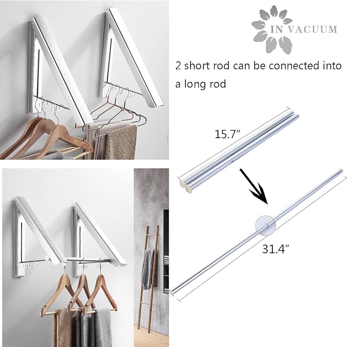 Clothes Drying Rack Folding Indoor, Wall Mounted Drying Racks for Laundry | Double Foldable Clothing Rack w/ Extension Rod, Small Collapsible Folding Garment Racks Dorm Accessories (Sliver)