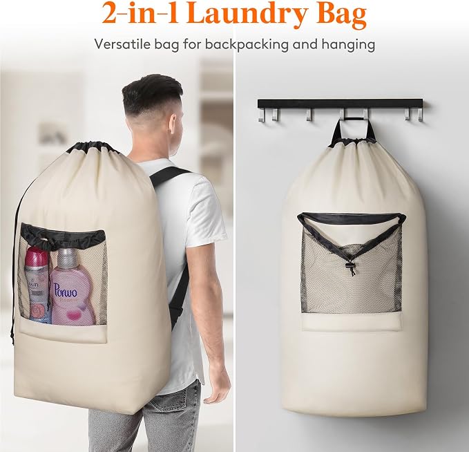 Lifewit Laundry Bag Backpack Travel, 90L, Khaki | Extra Large Bag with Shoulder Straps and Mesh Pocket for Laundromat, Heavy Duty Basket for Dirty Cloth College Dorm Apartment