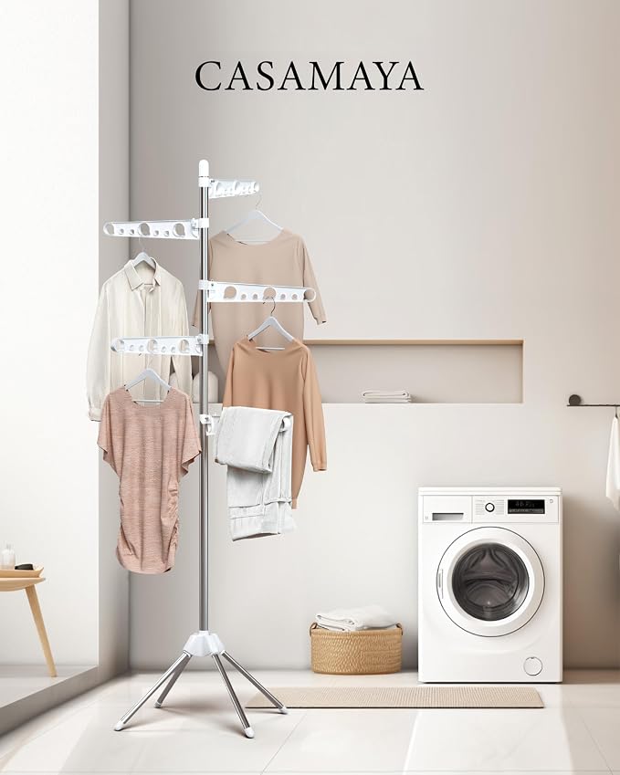 CASAMAYA Clothes Drying Rack Foldable, 70.9 inch Tripod Drying Rack for 35 Pieces of Clothes, with Height-Adjustable Rotatable Clothes Rails, Space Saving, Stainless Steel, White and Silver CDR005W01