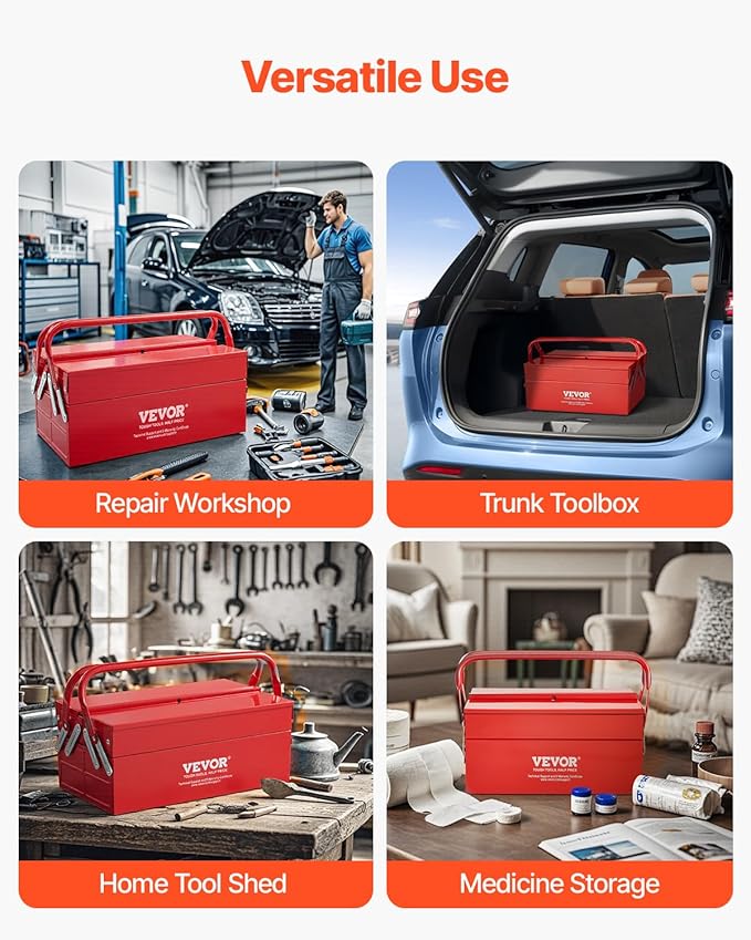 VEVOR Metal Tool Box, 14-inch, 2-Tier 3-Tray Portable Folding Tool Chest Organizer with Handle & Lock Hole, Powder Coated Steel, Cantilever Toolbox for Household Factory Warehouse Repair Shop, Red