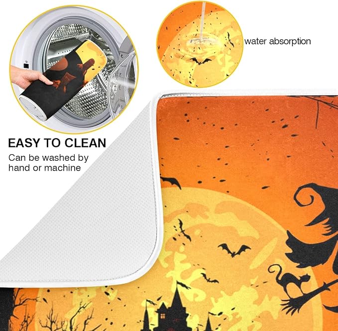 Happy Halloween Fall Pumpkin Witch Dish Drying Mat 16x18 for Kitchen Counter Spooky Castle Bats Trick or Treat Reversible Dishes Draining Mats Medium Absorbent Fast Dry Pad Halloween Accessories