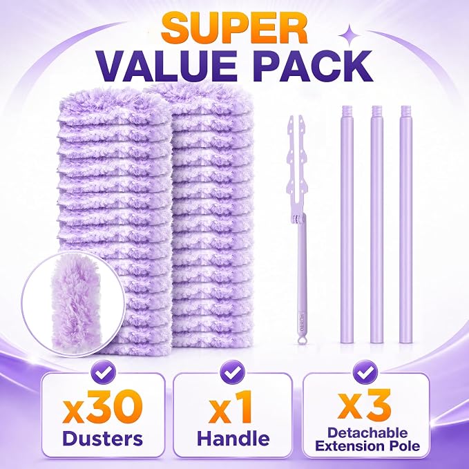 Disposable Duster Set, Thickened & Dense Fiber Duster Refills, 30 Count | 360° Double-Sided with Extension Pole, Unscented, for Electronics, Car Interiors, Blinds, Ceiling Fans, Whole-House Cleaning