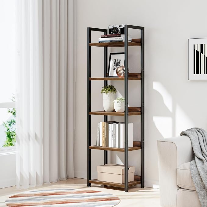 NUMENN Narrow Bookshelf, 5 Tier Freestanding Shelving Unit, Vintage | Metal Frame & Wood Shelves, Falling Prevention Baffle, Open Storage Bookcase for Bedroom, Living Room & Home Office